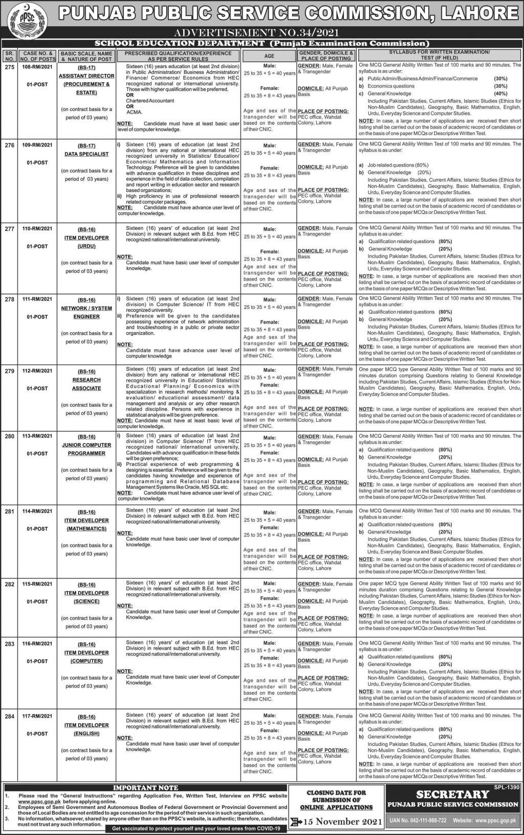 PPSC Jobs 2021 in School Education Department