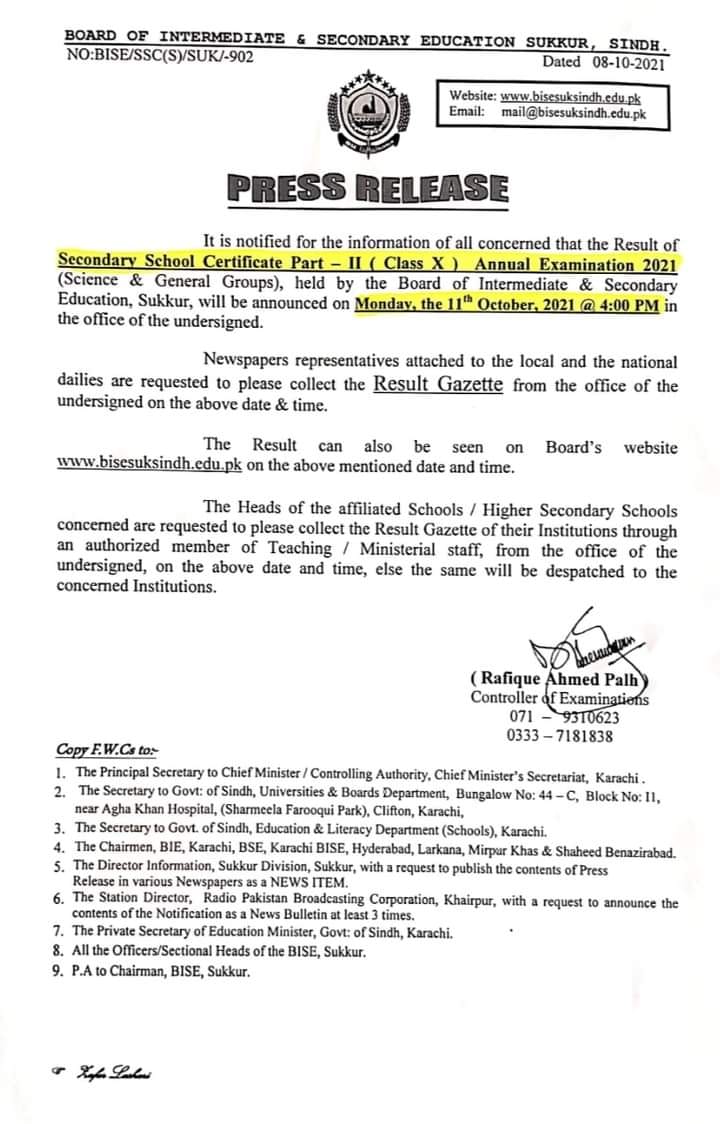 Result of SSC-II (Class X) Annual Exams 2021 BISE Sukkur