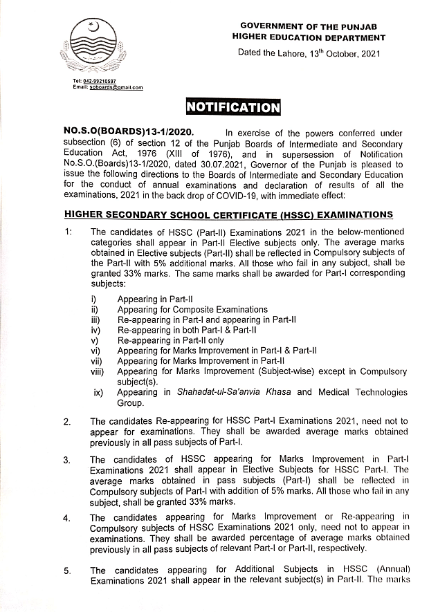Students Promotion Policy 2021 SSC and HSSC