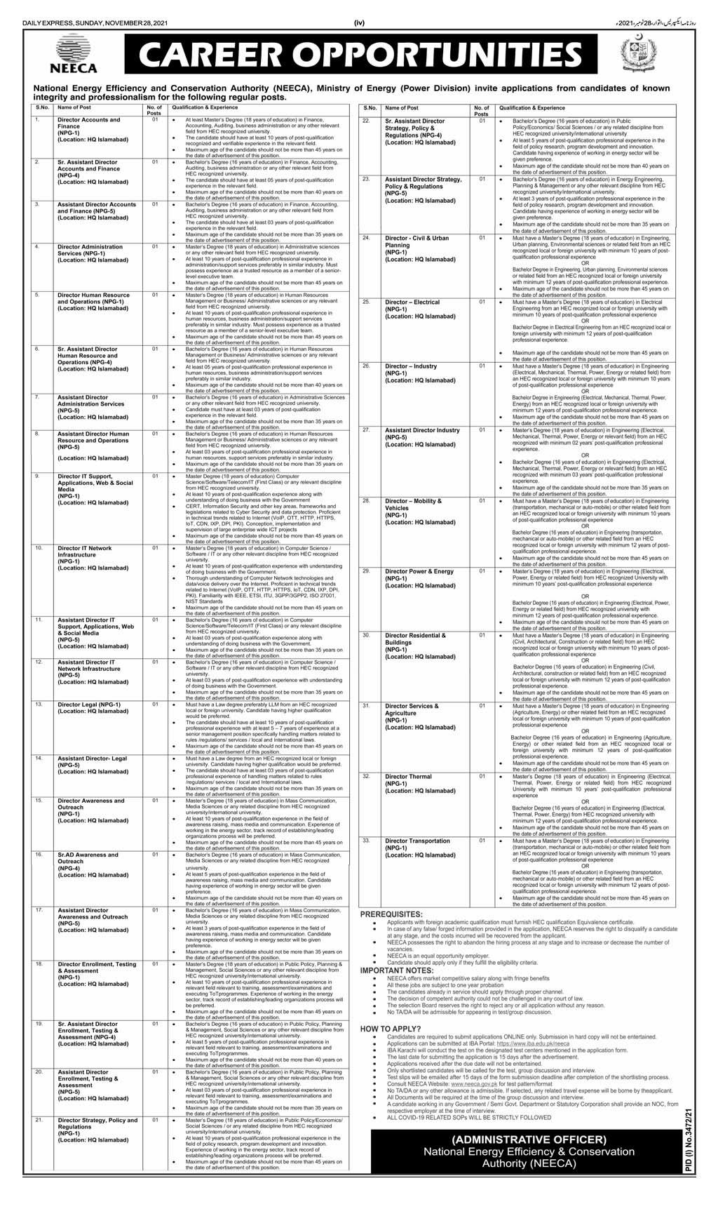 Career Opportunities NEECA Ministry of Energy (Power Division)