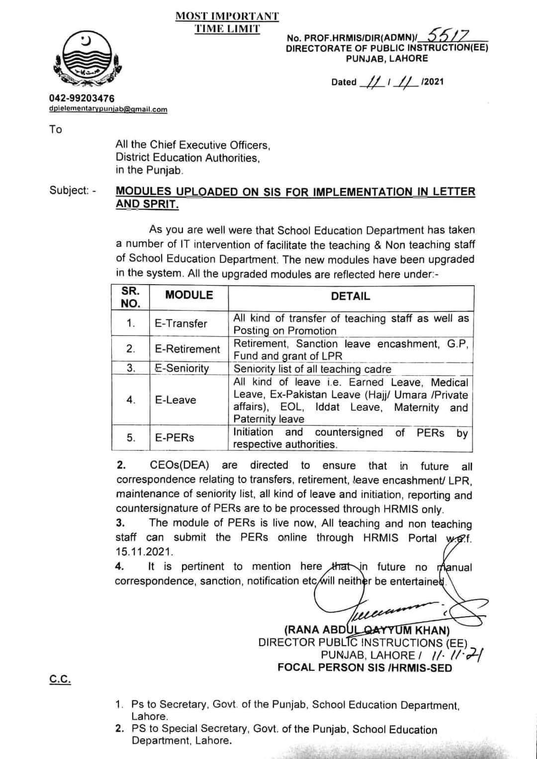 Modules Uploaded on SIS (E-Transfer, E-Retirement, E-Seniority, E-Leave, E-PER)