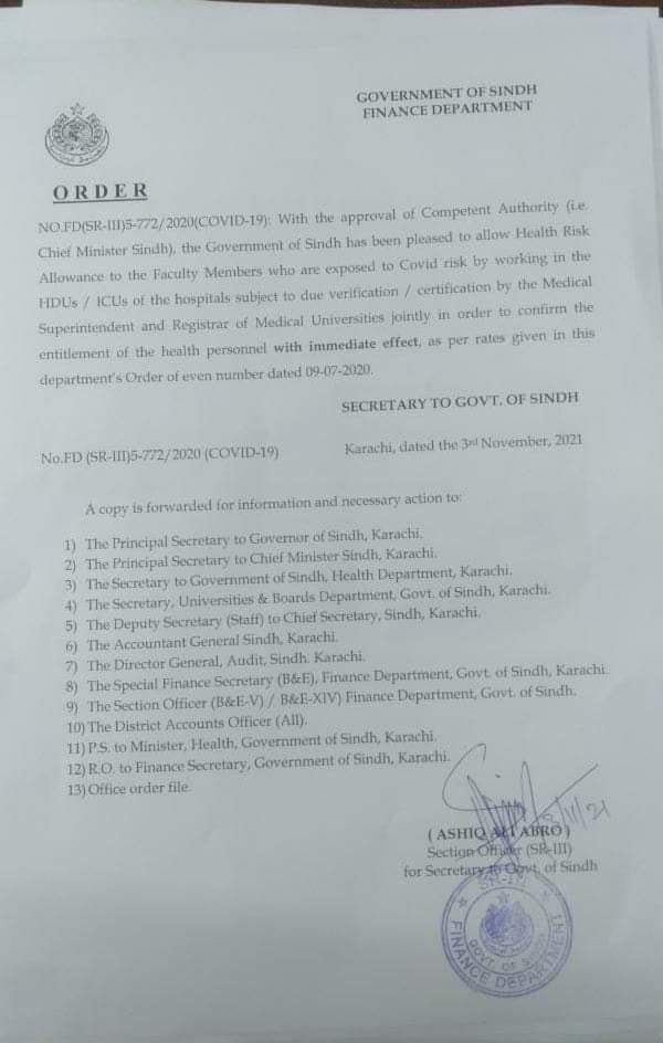 Notification of Health Risk Allowance to Faculty Members (Sindh)