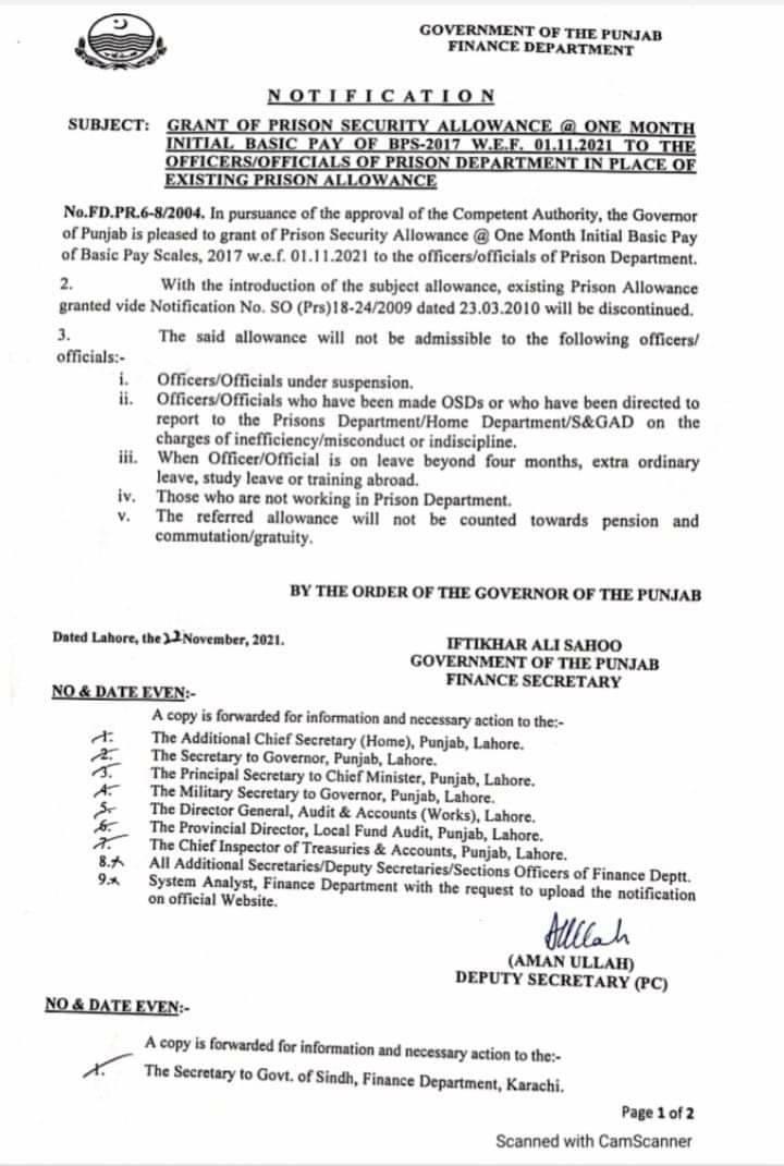 Notification of Prison Security Allowance 2021 @ One Month Basic Pay