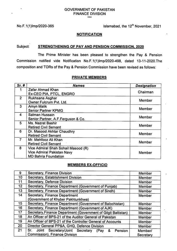 Notification of Revised TORs of Pay & Pension Commission 2021