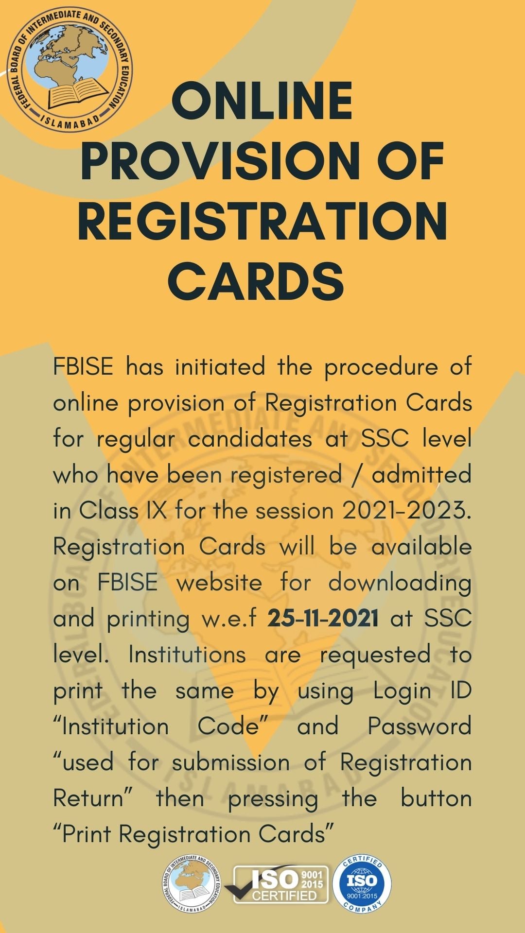 Procedure of online provision of Registration Cards FBISE Islamabad