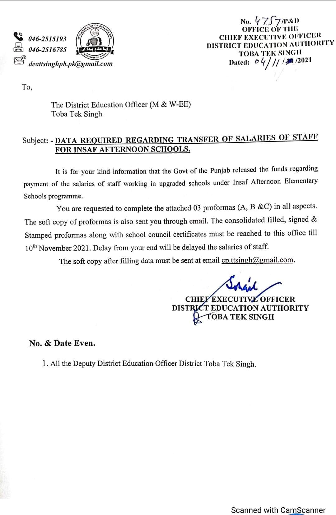 Transfer of Salaries of Staff for Insaf Afternoon Schools (DATA)