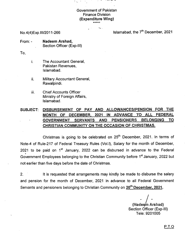 Salary in Advance on 20-12-2021 to Federal Employees (Christianity Community)
