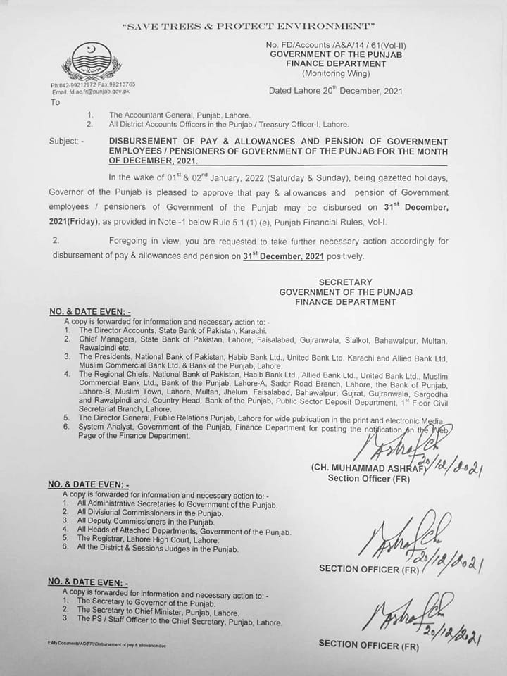 Disbursement of Salary on 31st December 2021 Punjab