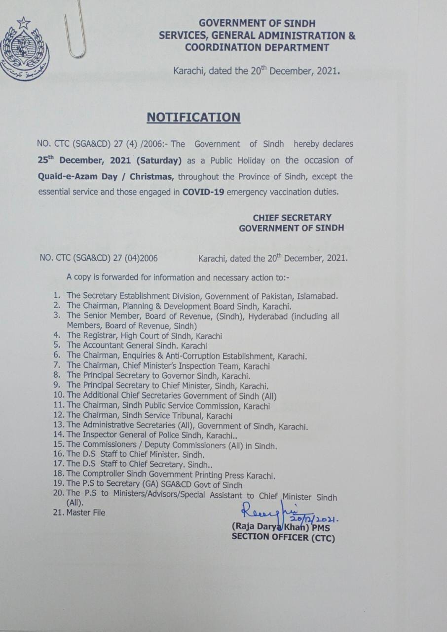 Notification of Holiday on 27th December 2021 in Sindh