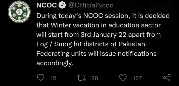 NCOC Decision Regarding Winter Holidays 2021-22