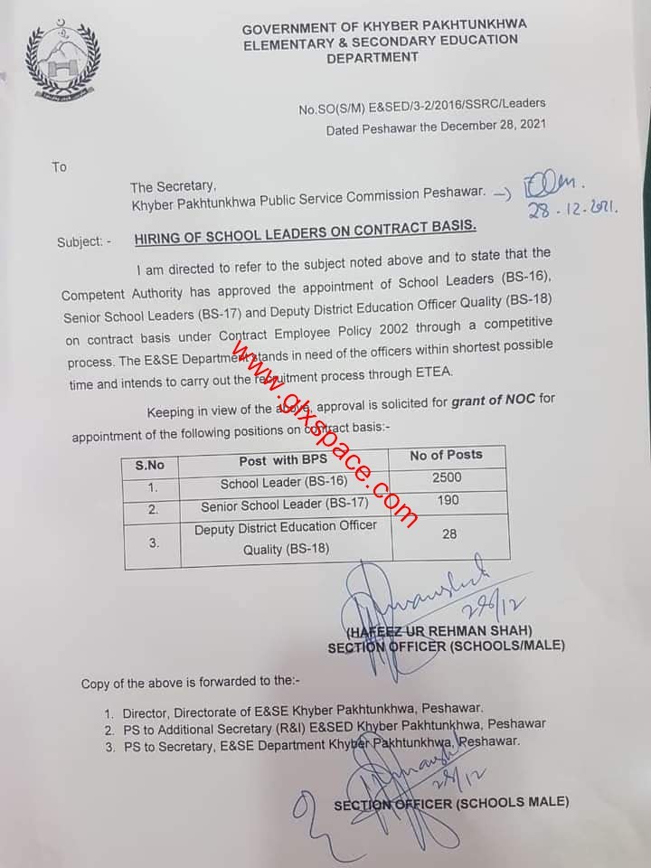 Notification of Hiring of School Leaders on Contract Basis KPK