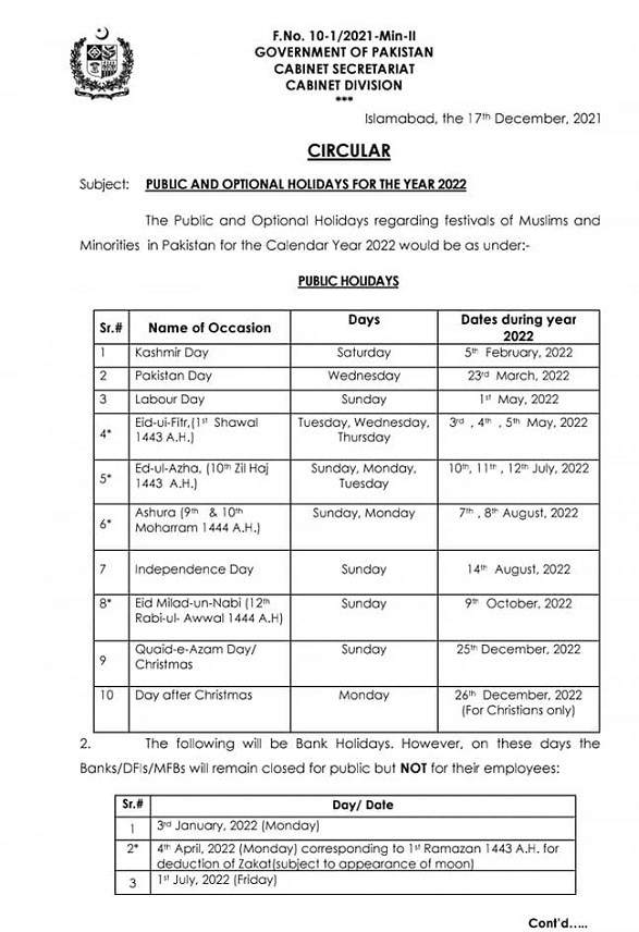 Notification of Public and Optional Holidays 2022 Pakistan