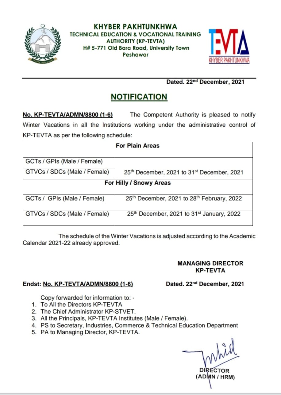 Notification of Winter Vacations 2021-2022 KP-TEVTA