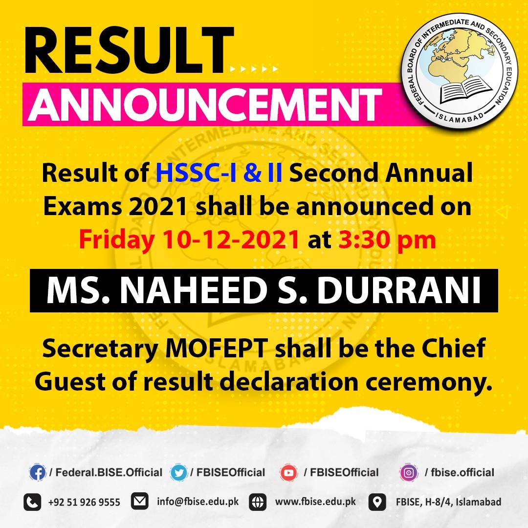 Result of FBISE HSSC-I & II Second Annual Exams 2021
