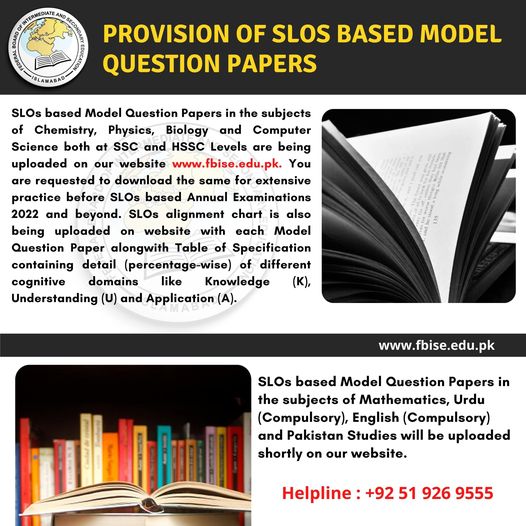 SLOs Based Model Question Papers SSC and HSSC Annual Exams 2022 FBISE