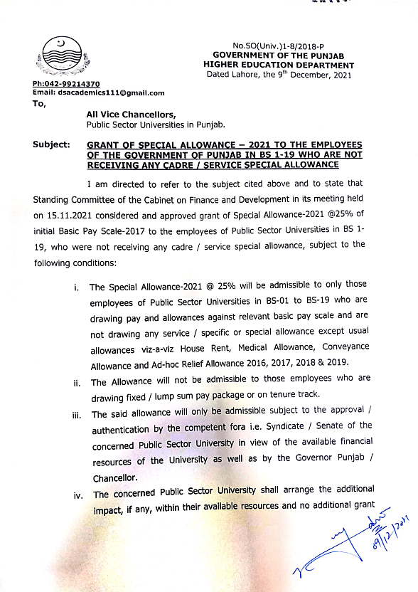 Special Allowance 2021 to University Employees @ 25% initial basic pay