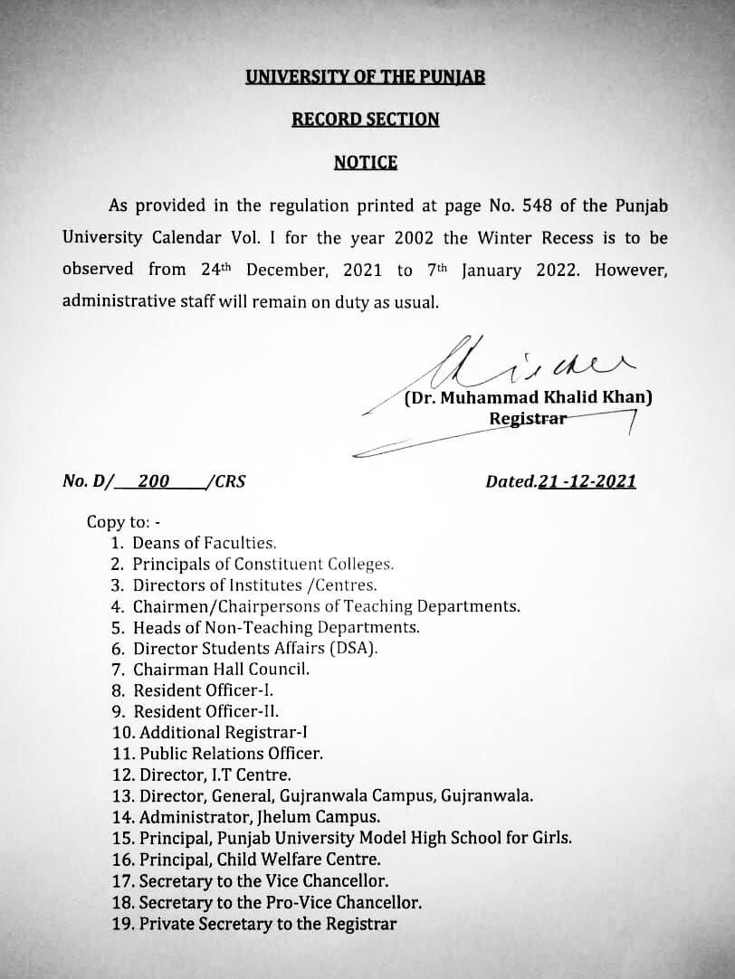 Winter Holidays University of the Punjab
