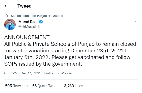 Winter Vacation in Punjab Schools wef 23rd December 2021