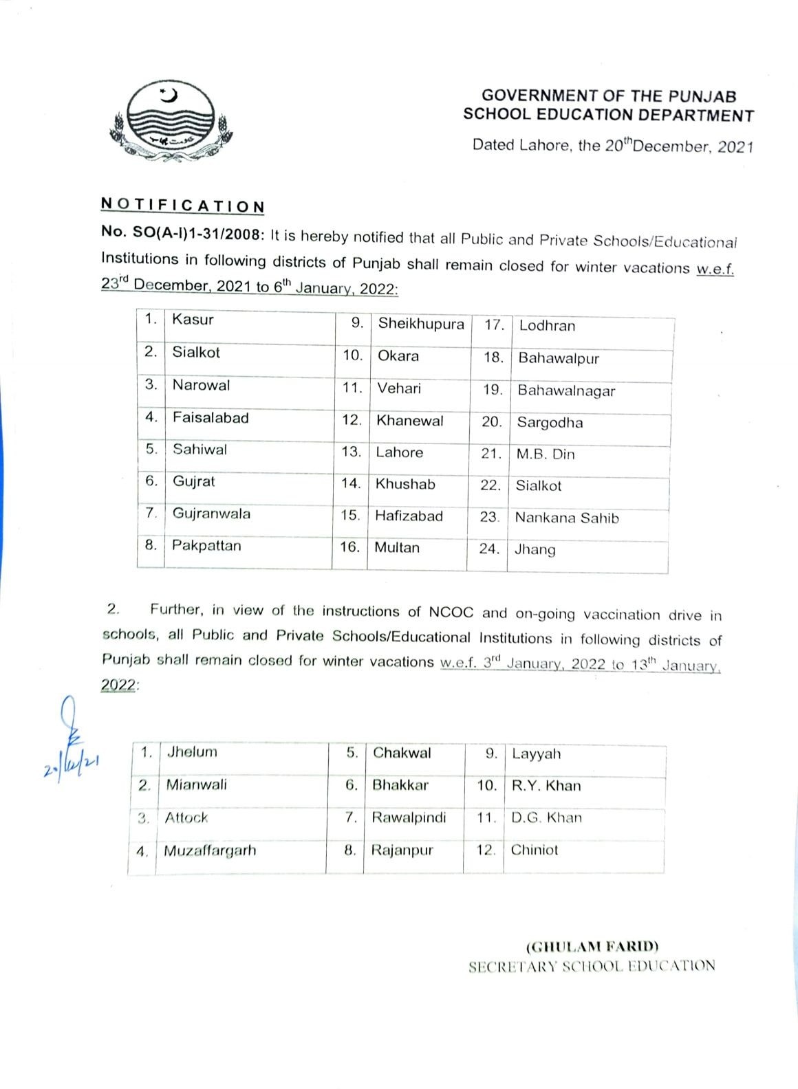 Amended Notification Punjab Holidays