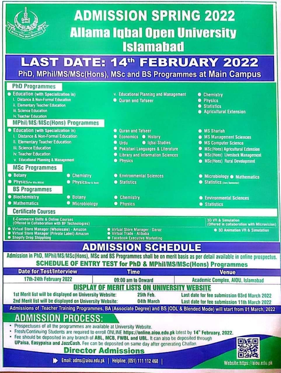 AIOU Admission Spring 2022 (PhD, MPhil, MSc, BS, Certificate Courses)