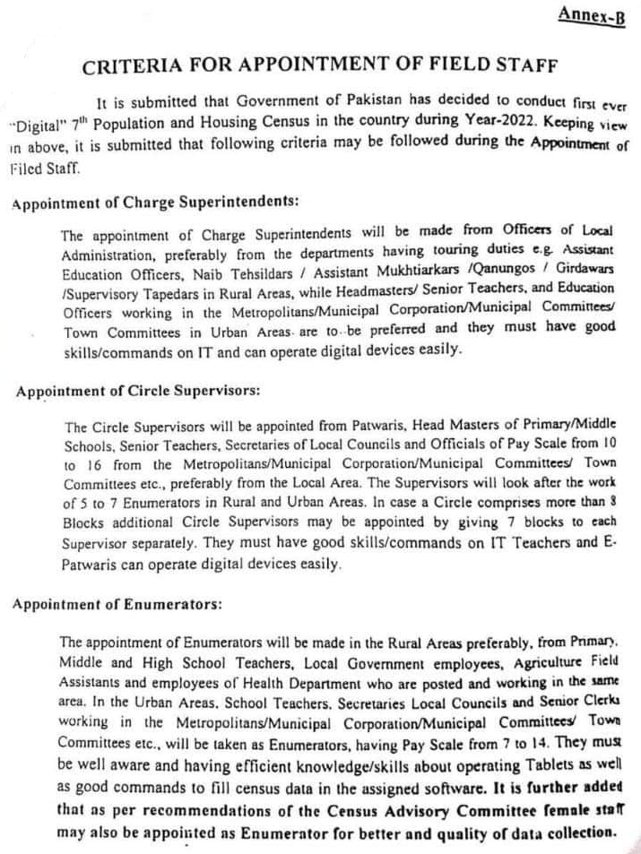 Appointment of Field Staff for Digital 7th Population and Housing Census 2022