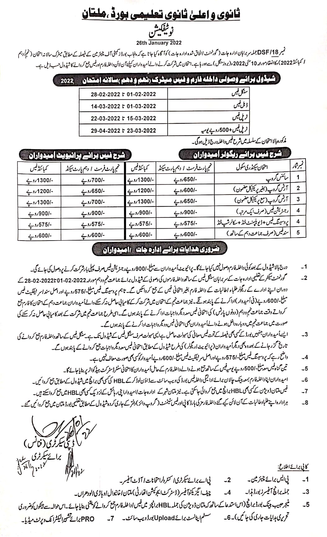 BISE Multan Online Admission Forms
