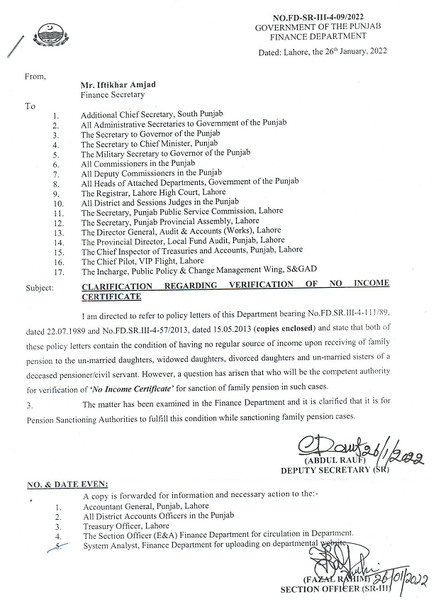 Clarification Verification No Income Certificate for Sanctioning Family Pension