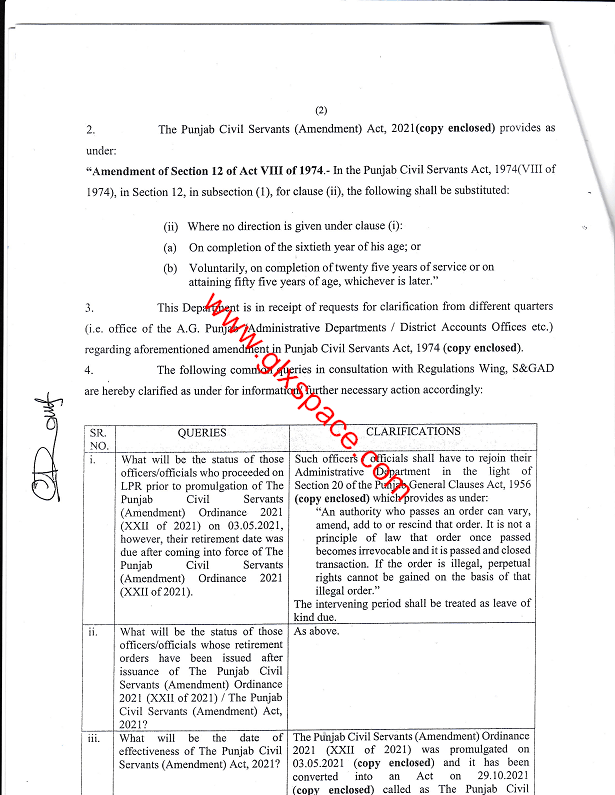 Clarification Retirement Age in Punjab Employees