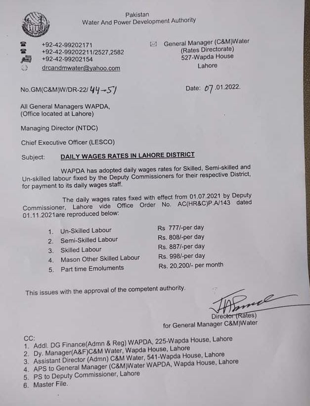 Notification of Fixed Daily Wages Rates in Lahore by WAPDA
