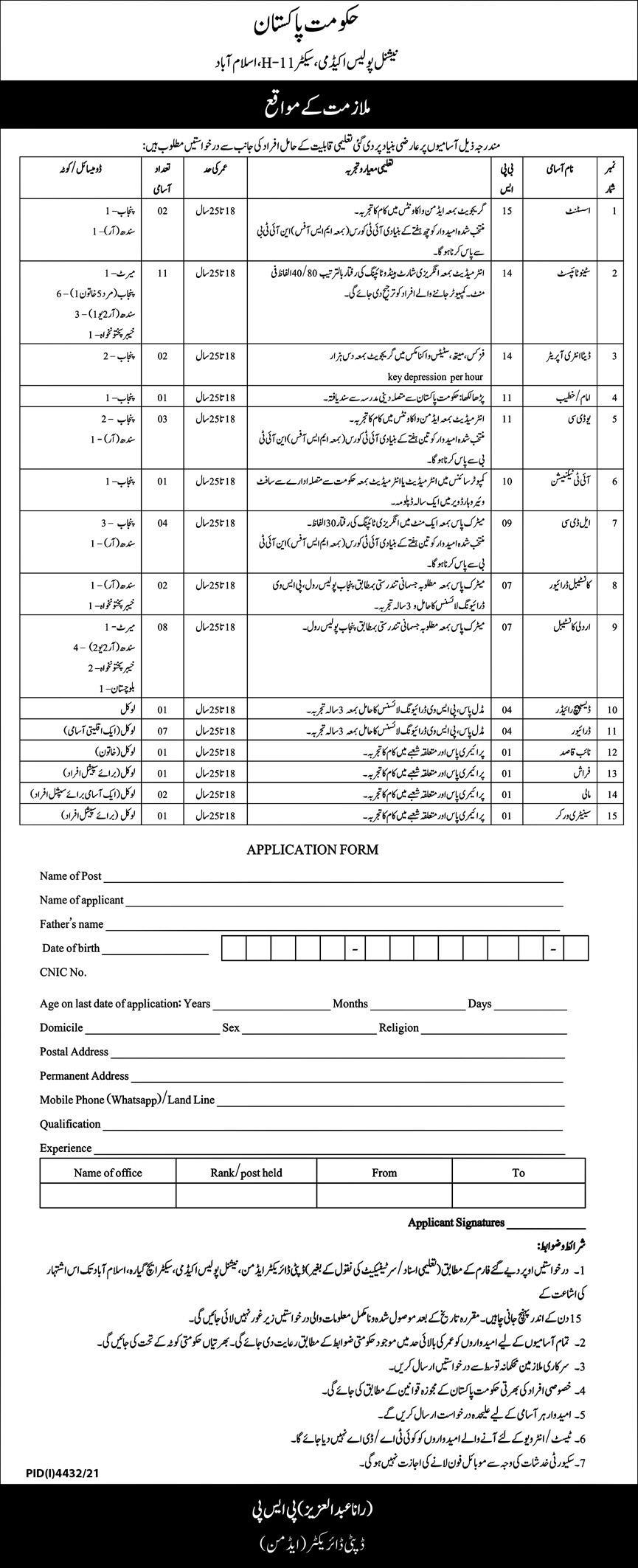 Jobs in National Police Academy Islamabad 2022