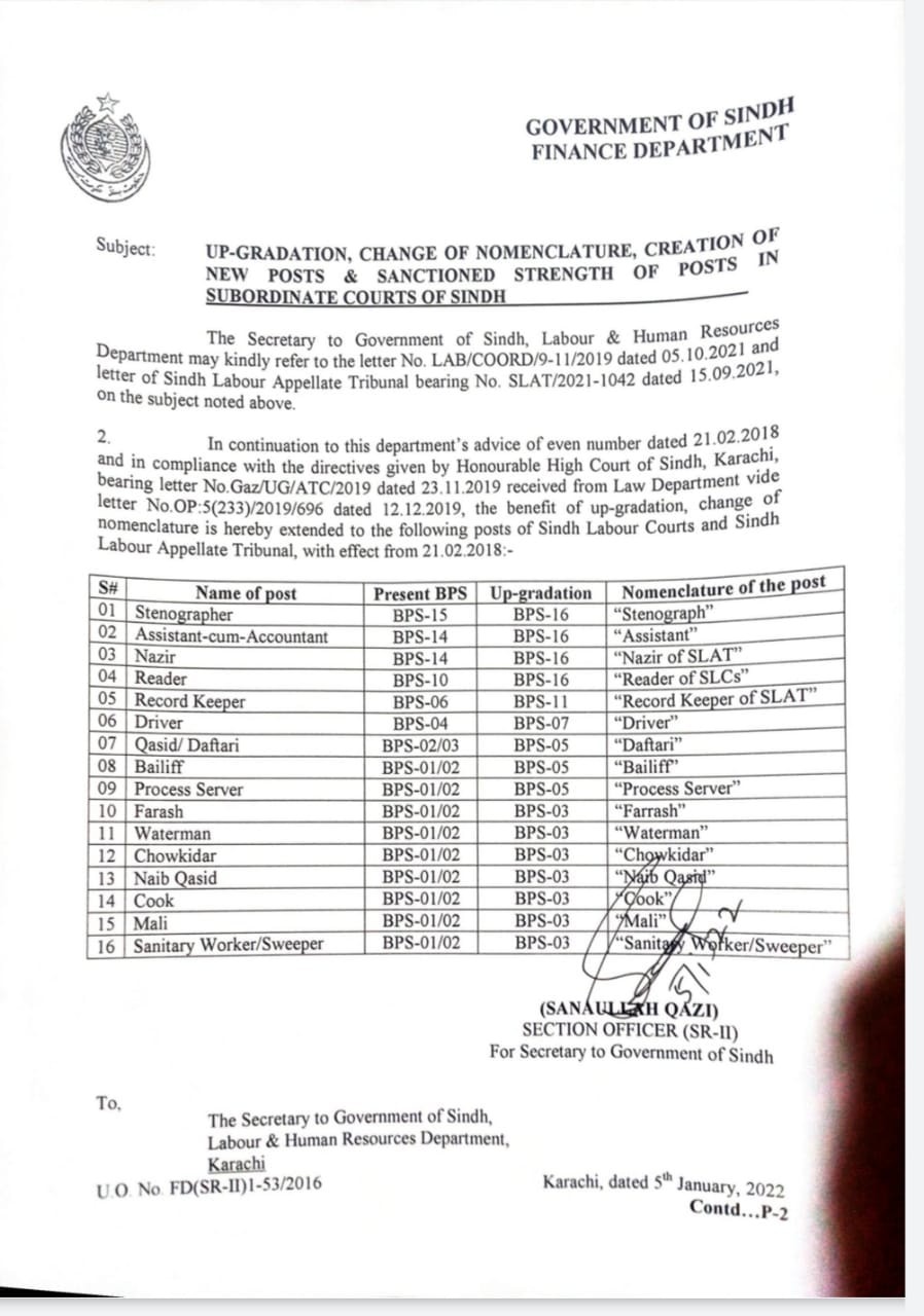 Notification Up-gradation, Change of Nomenclature Sindh Courts Employees