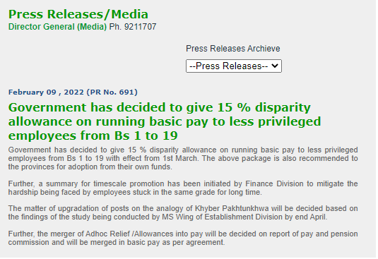 Increase in Salary as Disparity Reduction Allowance (DRA) 2022 @ 15%