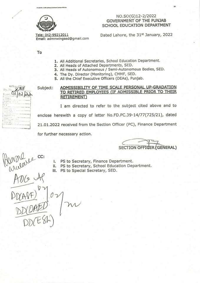 SED Punjab Time Scale Personal Upgradation to Retired Employees