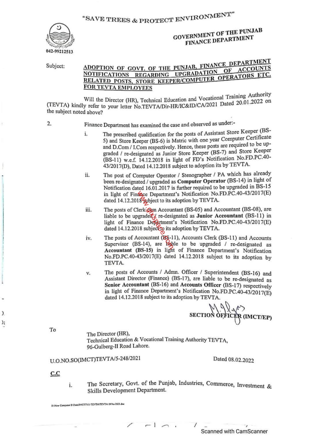 Upgradation of Accounts Related Posts, Store Keeper, Computer Operators TEVTA – Clarification
