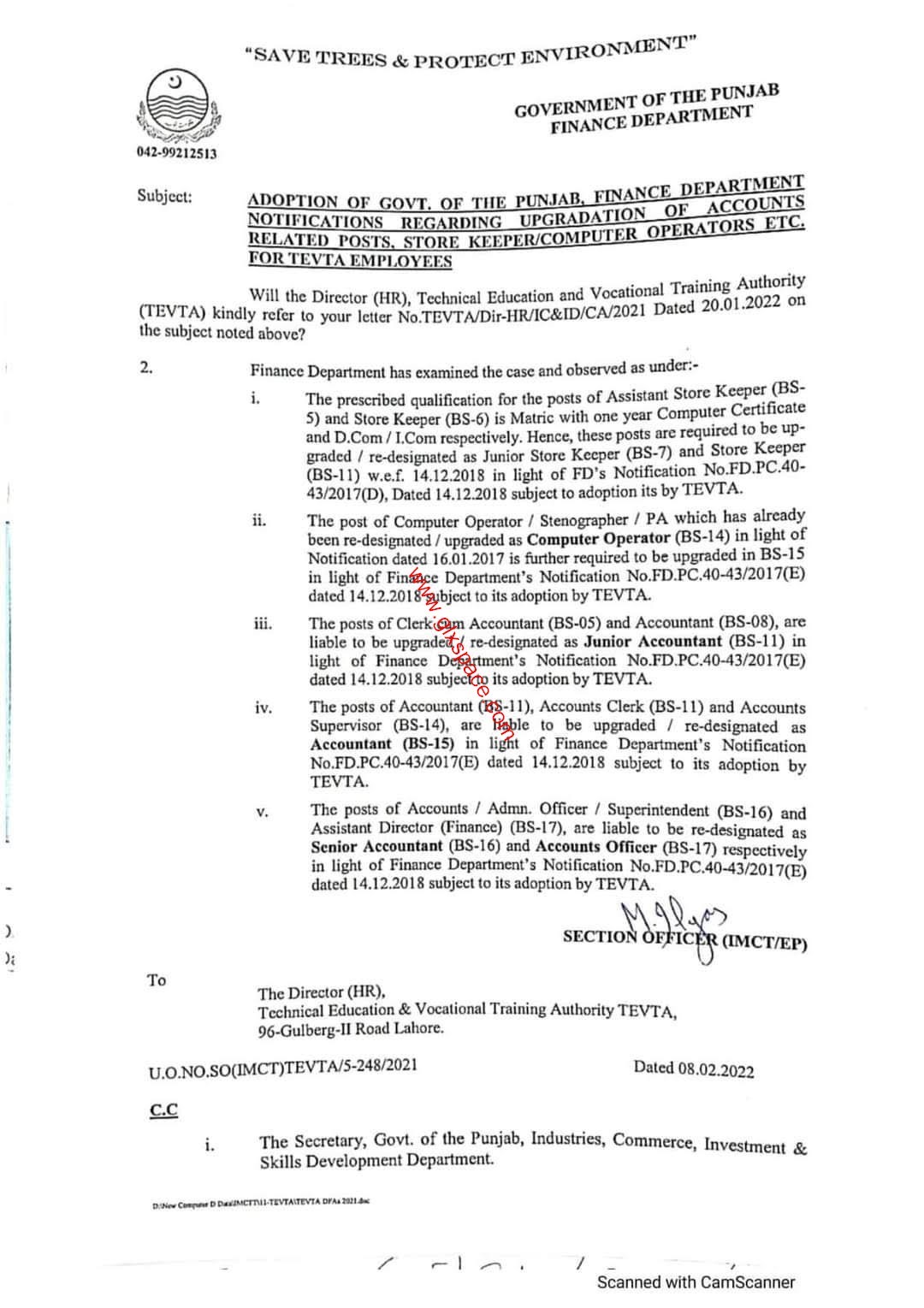 Upgradation of Accounts Related Posts, Store Keeper, Computer Operators TEVTA