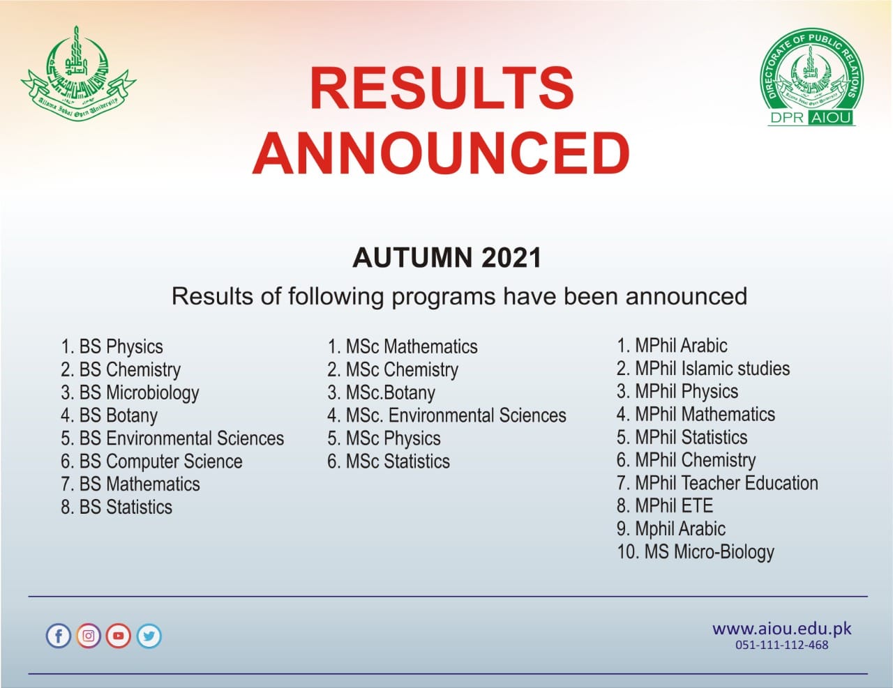 AIOU Autumn 2021 Results Announced on 09th March 2022