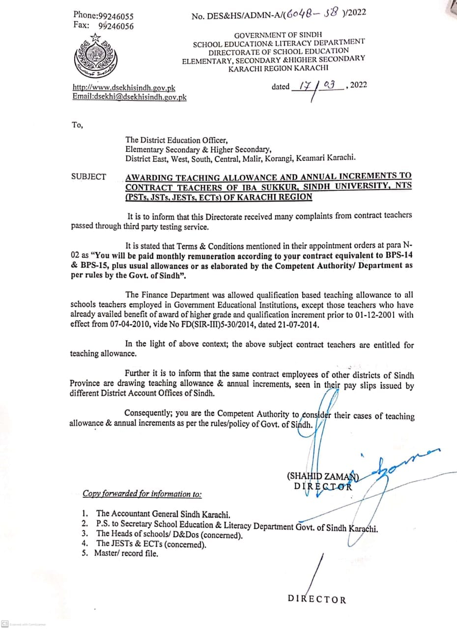 Awarding Teaching Allowance & Annual Increment to Contract Teachers (Sindh)