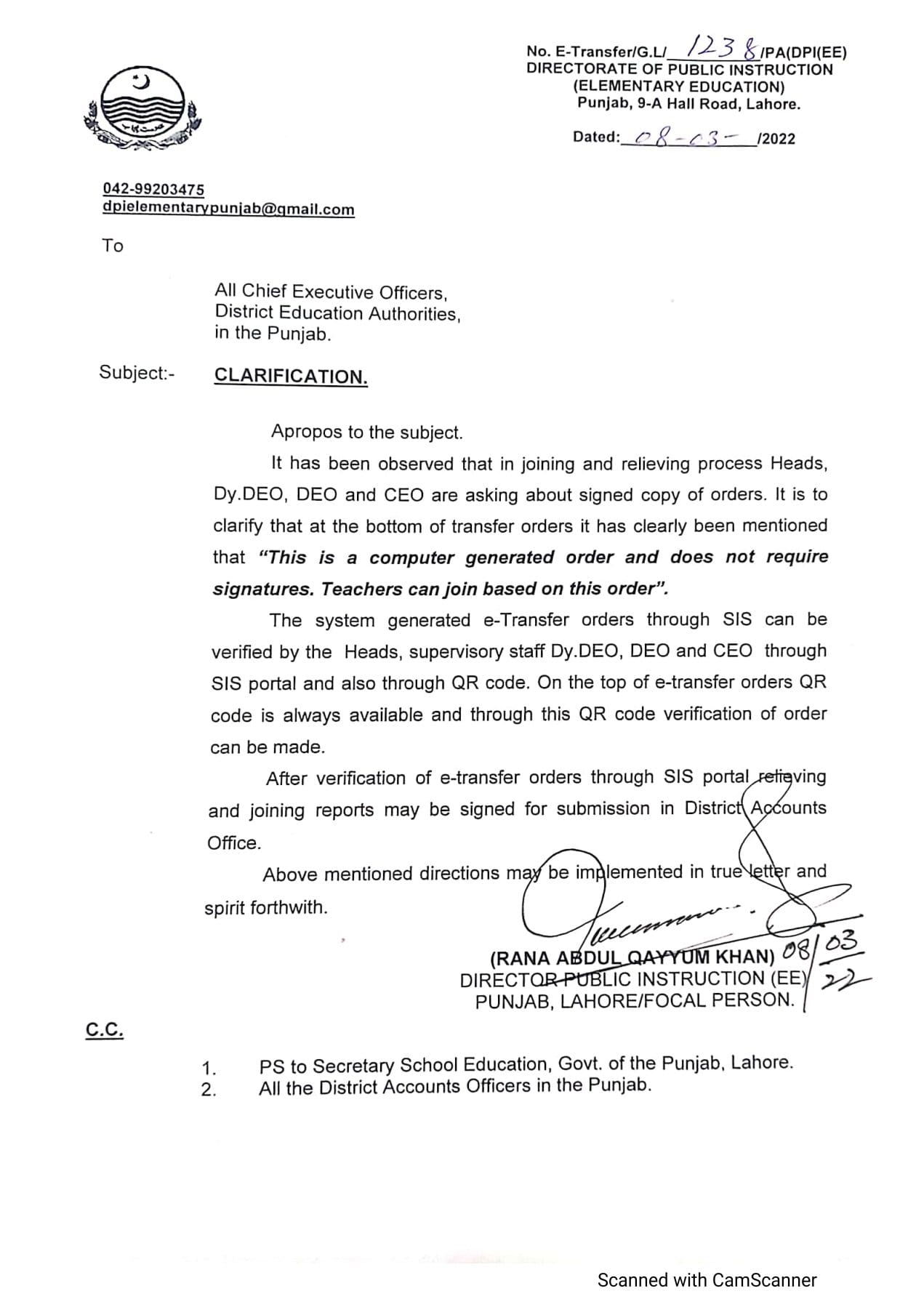 Clarification Regarding Signed Copy of Transfer Orders SED Punjab