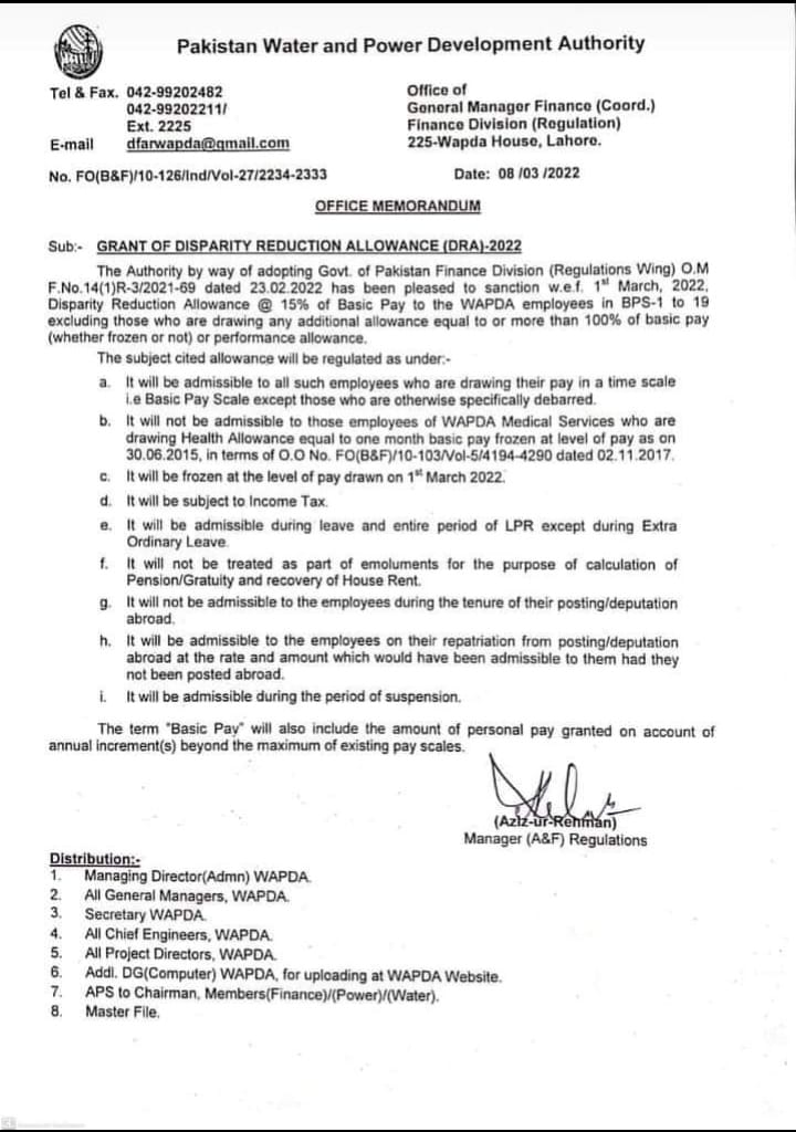 DRA-2022 @ 15% on Current Basic Pay to WAPDA Employees