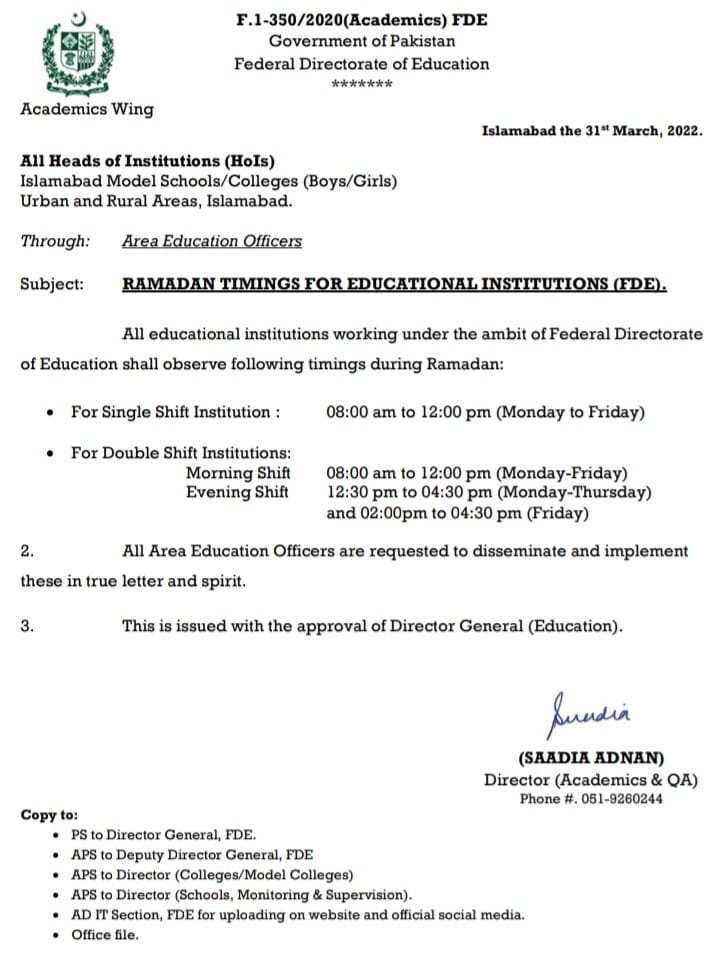 Notification of Federal directorate of Education Islamabad