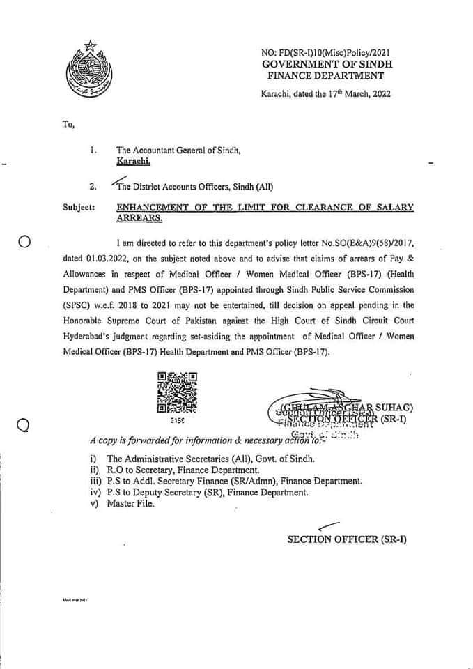 Enhancement of Limit for Clearance of Salary Arrears FD Sindh