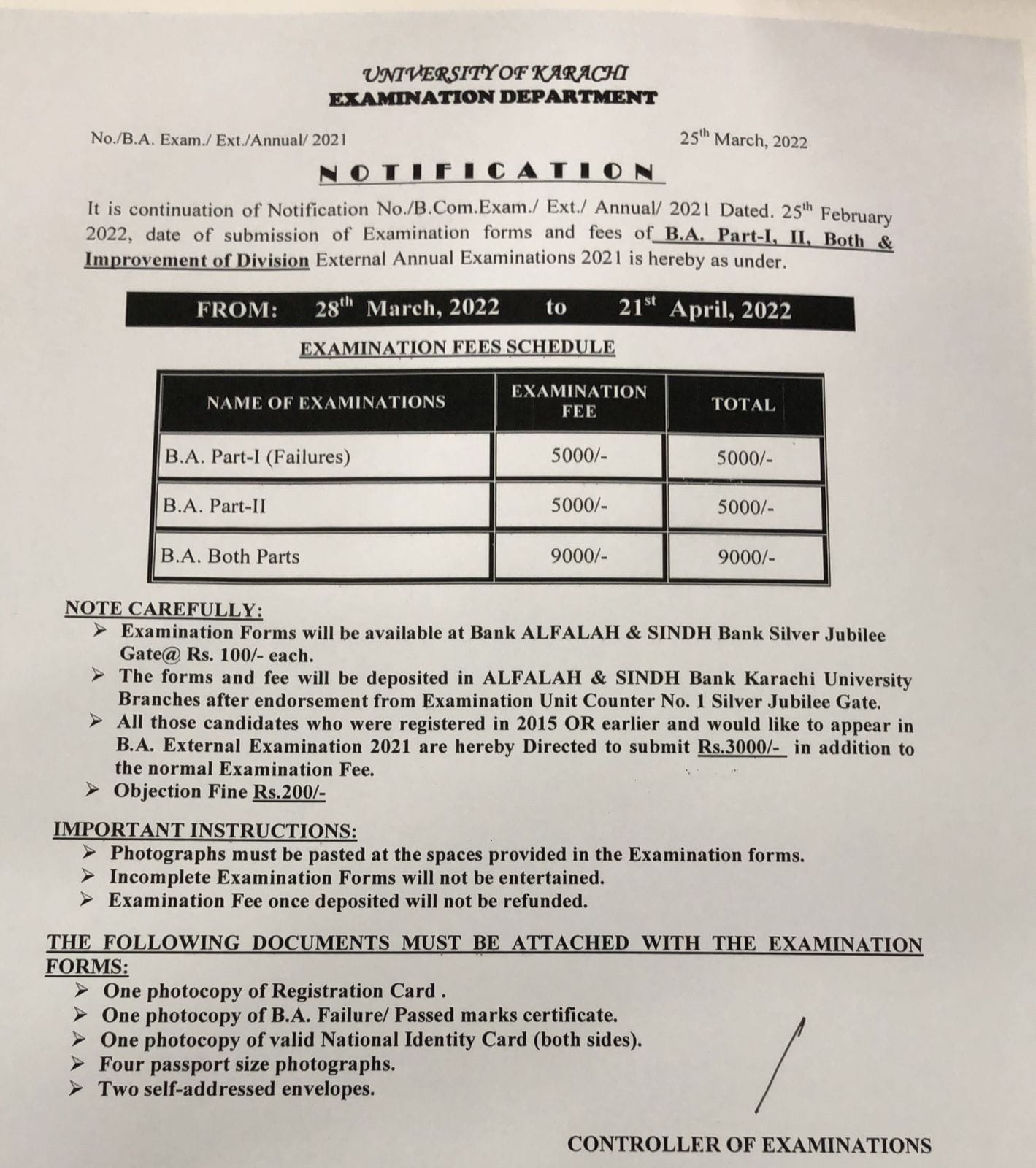 Fee and Schedule of Submission of Forms BA Part-I, II and Comp 2022 University of Karachi