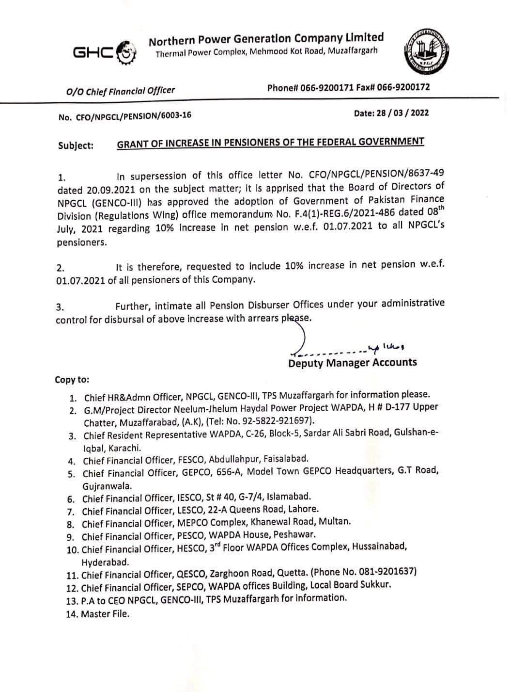 Grant of Increase in Pension of Federal Govt NPGCLs Pensioners