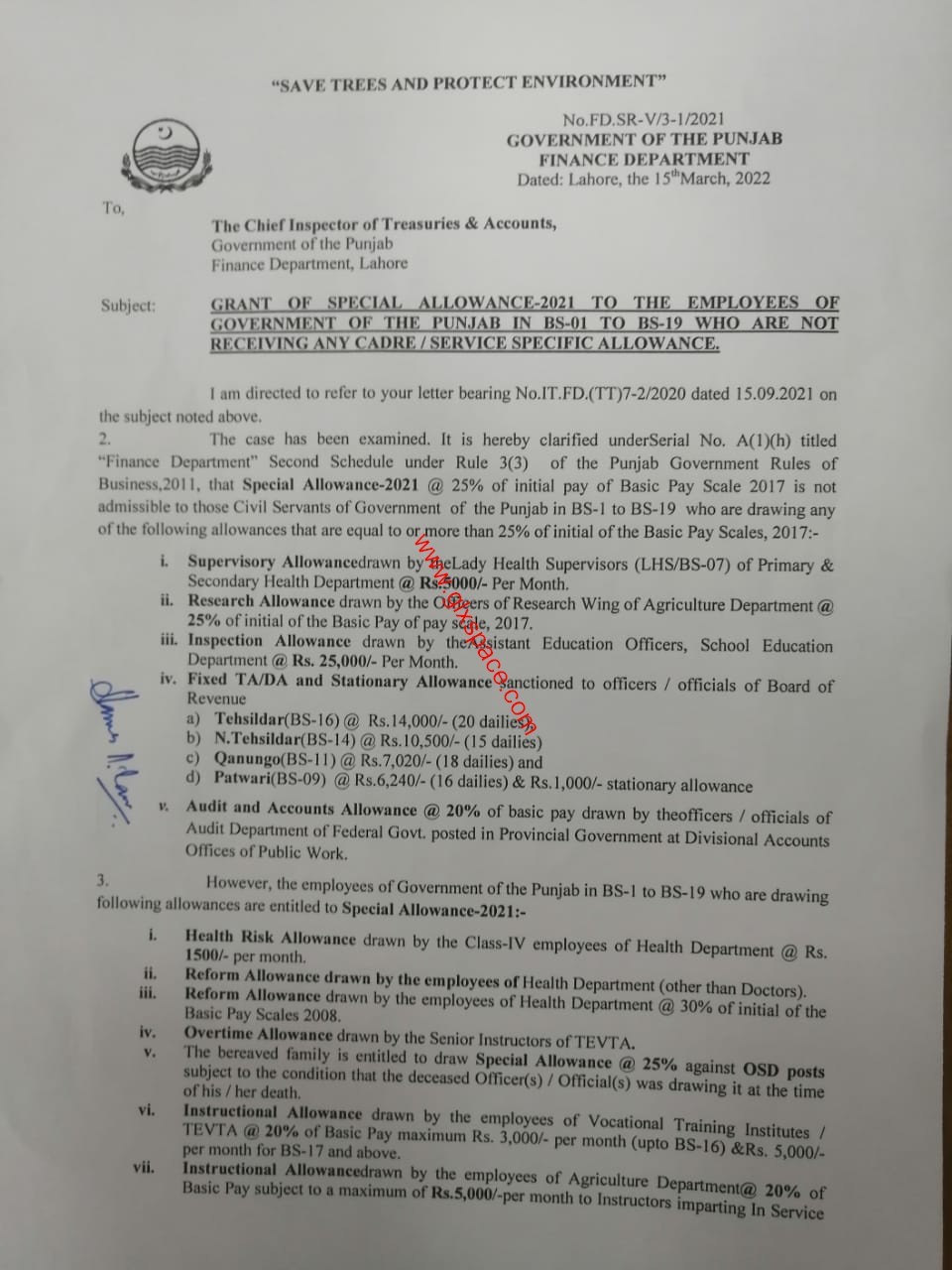 Grant of Special Allowance 2021 Punjab Employees BPS-01 to BPS-19 Clarification