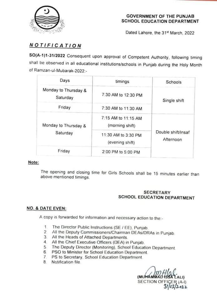 Notification School Timings Ramzan 2022 SED Punjab