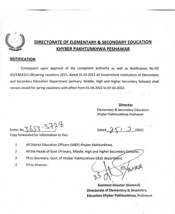 Notification of Spring Holidays 2022 Education Department KPK