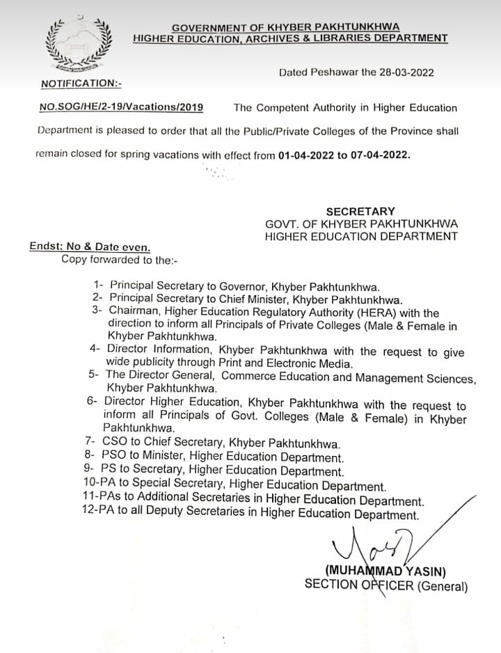 Notification of Spring Vacations 2022 KPK Colleges