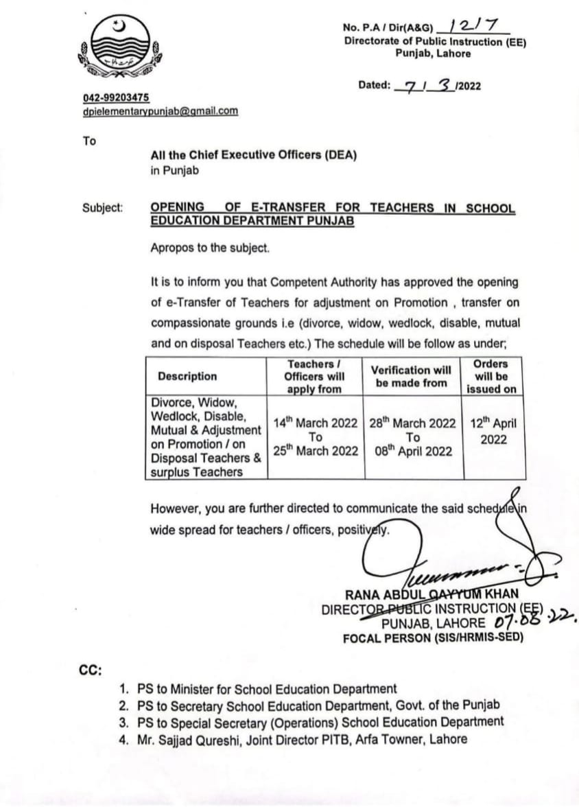 Opening of E-Transfer for Teachers in SED Punjab