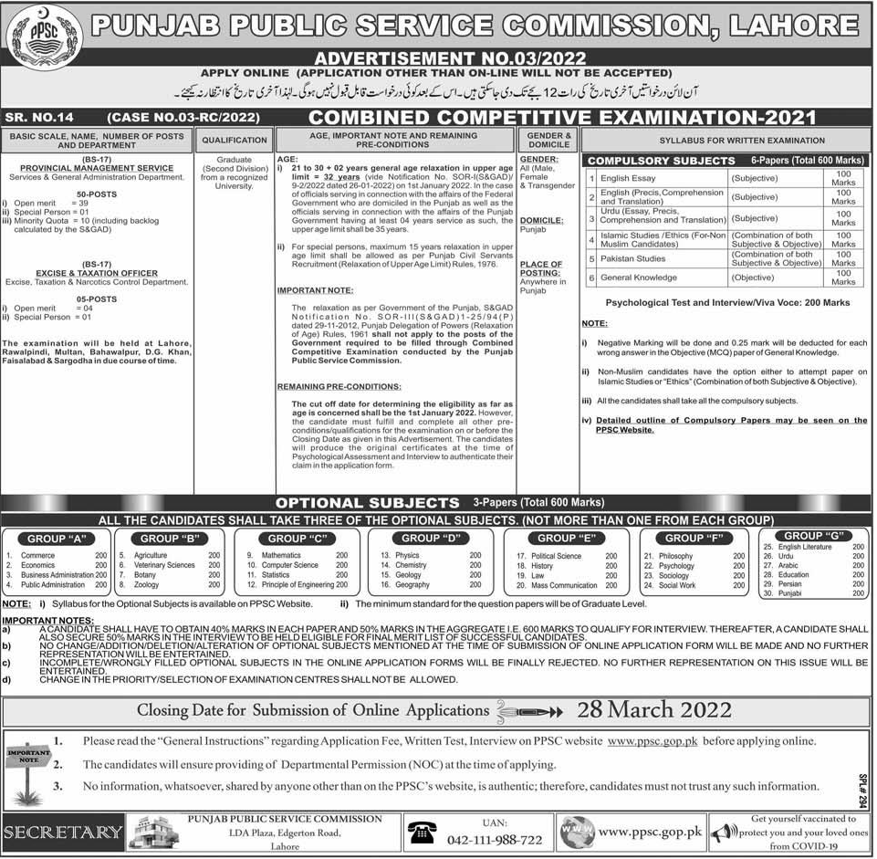 PPSC Jobs March 2022 Combined Competitive Exams 2021