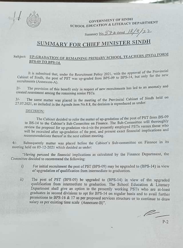 Summary for CM Regarding Upgradation Remaining PSTs from BPS-09 to BPS-14 Sindh